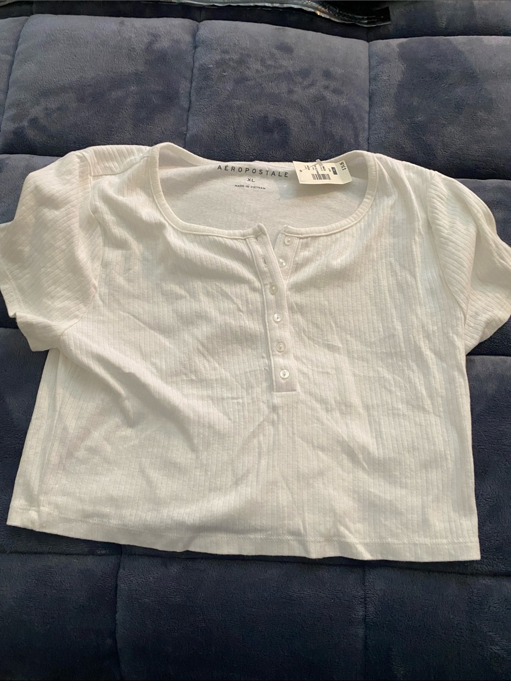 Aeropostale White Ribbed Henley Crop Tee - Girls